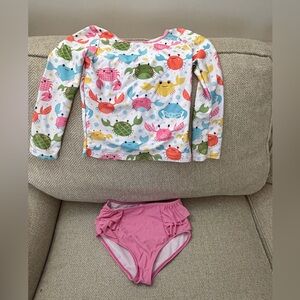Long-Sleeve Kids Rash Guard Set - Pink Multi Crab Print